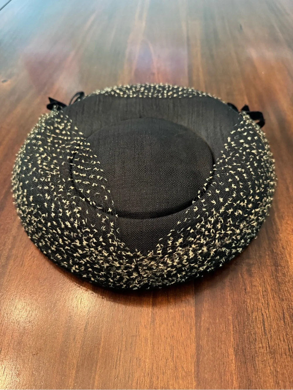 Vintage 1950s Black Linen Tweed Saucer Plateau Hat with Hatbox